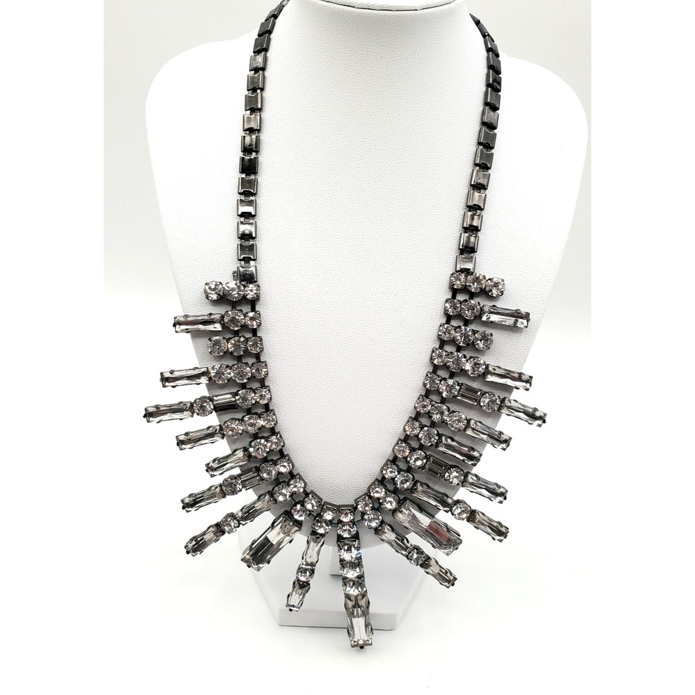 Rhinestone Bib Necklace Clear Baguette Gunmetal Christina Collection 20"
